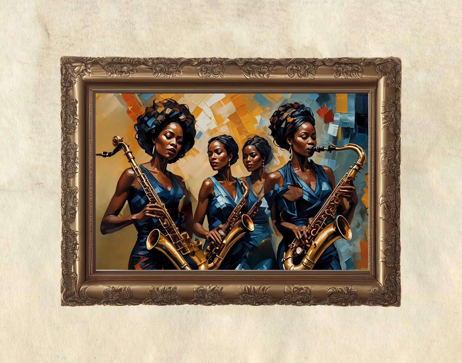 Jazz Queens: A Symphony in Blue – Printed Canvas Wall Art (Unframed) | African Female Saxophonist Quartet Jazz Queens: A Symphony in Blue – Printed Canvas Wall Art (Unframed) | African Female Saxophonist Quartet
