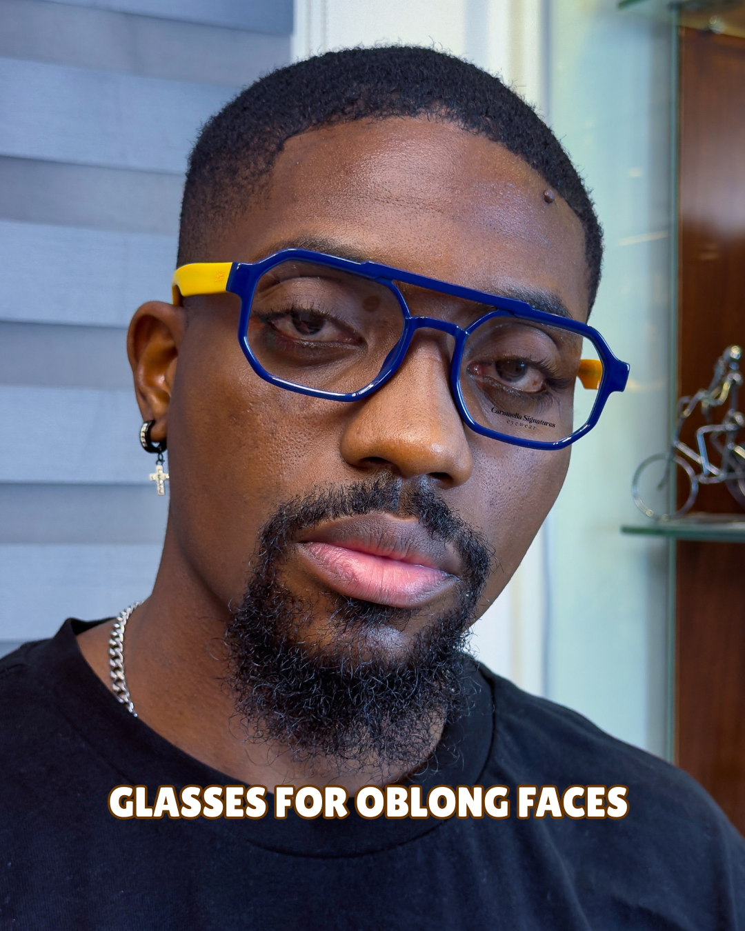Model with an oblong face wearing a structured acetate optical glasses from Caramella Signatures