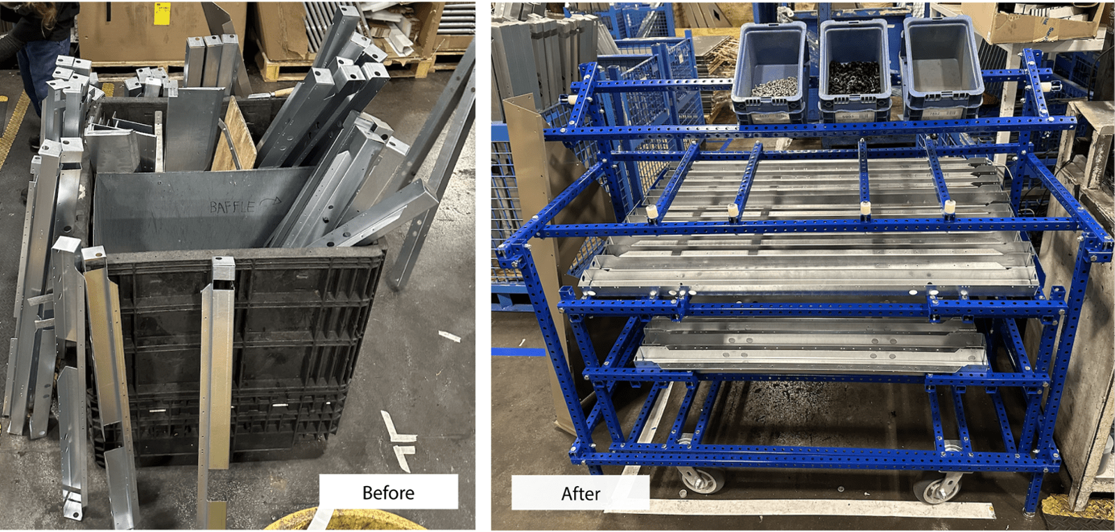 Lean Process Improvement, Before and after at Johnson Controls Facility. Cart made with better ergonomics and safety for operators.