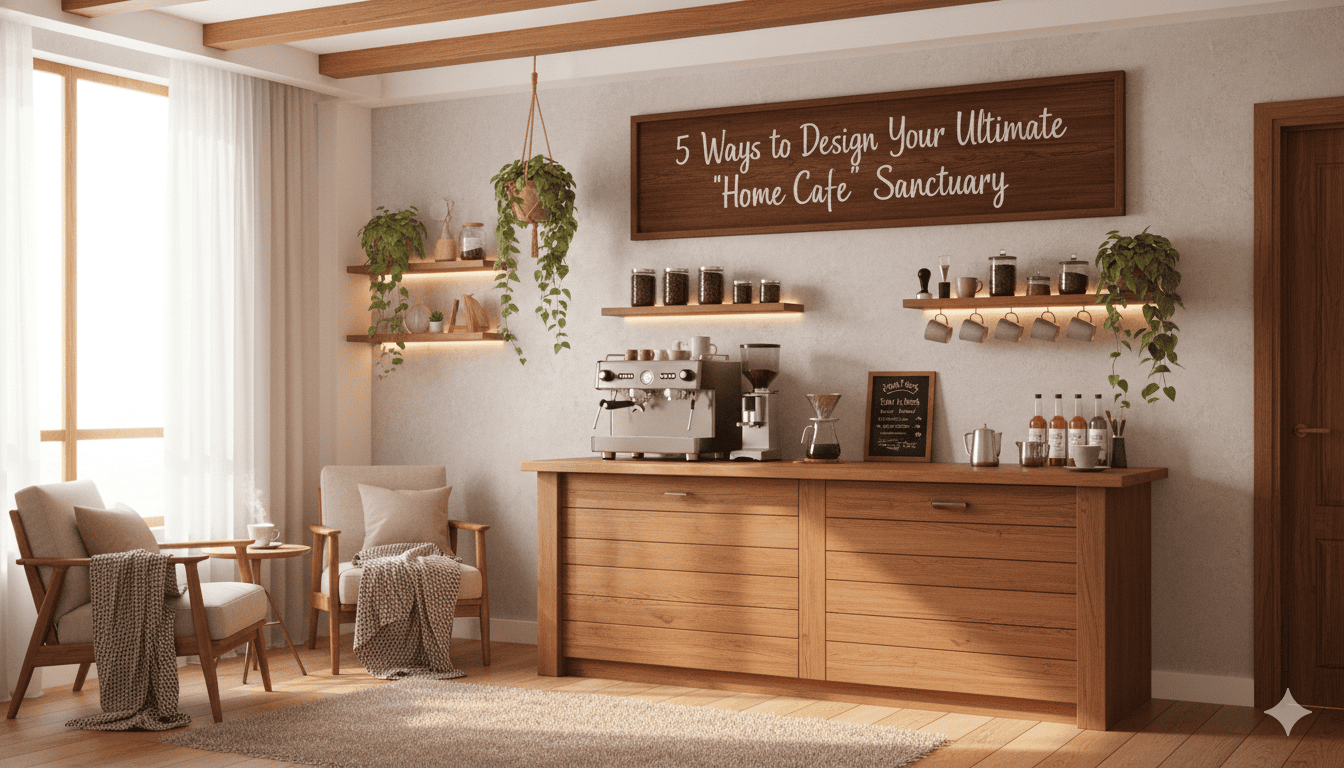 A sleek, modern espresso machine setup as the centerpiece of a home cafe corner.