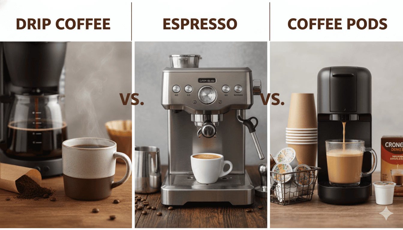 A sleek, modern drip coffee machine brewing a full pot of coffee into a glass carafe on a kitchen counter. A sleek, modern drip coffee machine brewing a full pot of coffee into a glass carafe on a kitchen counter.