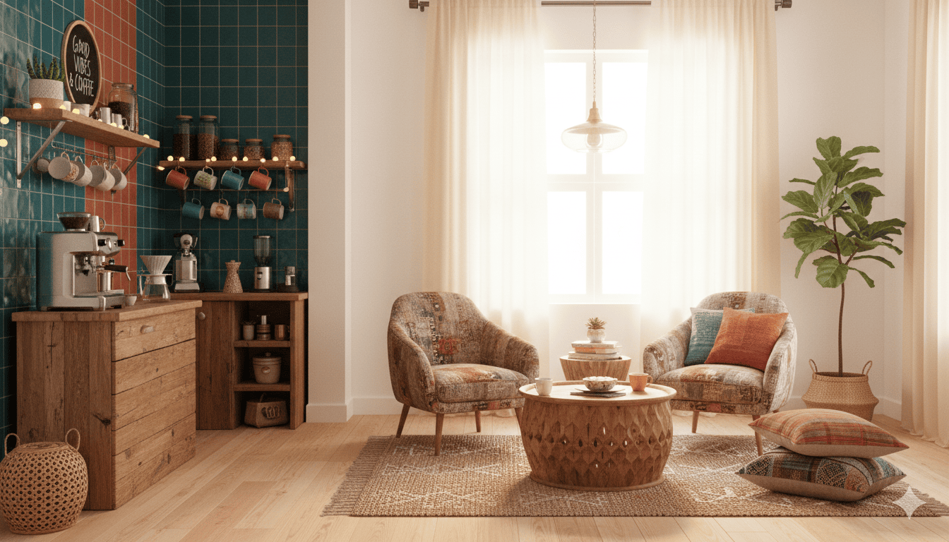 Organized home coffee station featuring floating shelves and a stylish mug rack. Organized home coffee station featuring floating shelves and a stylish mug rack.