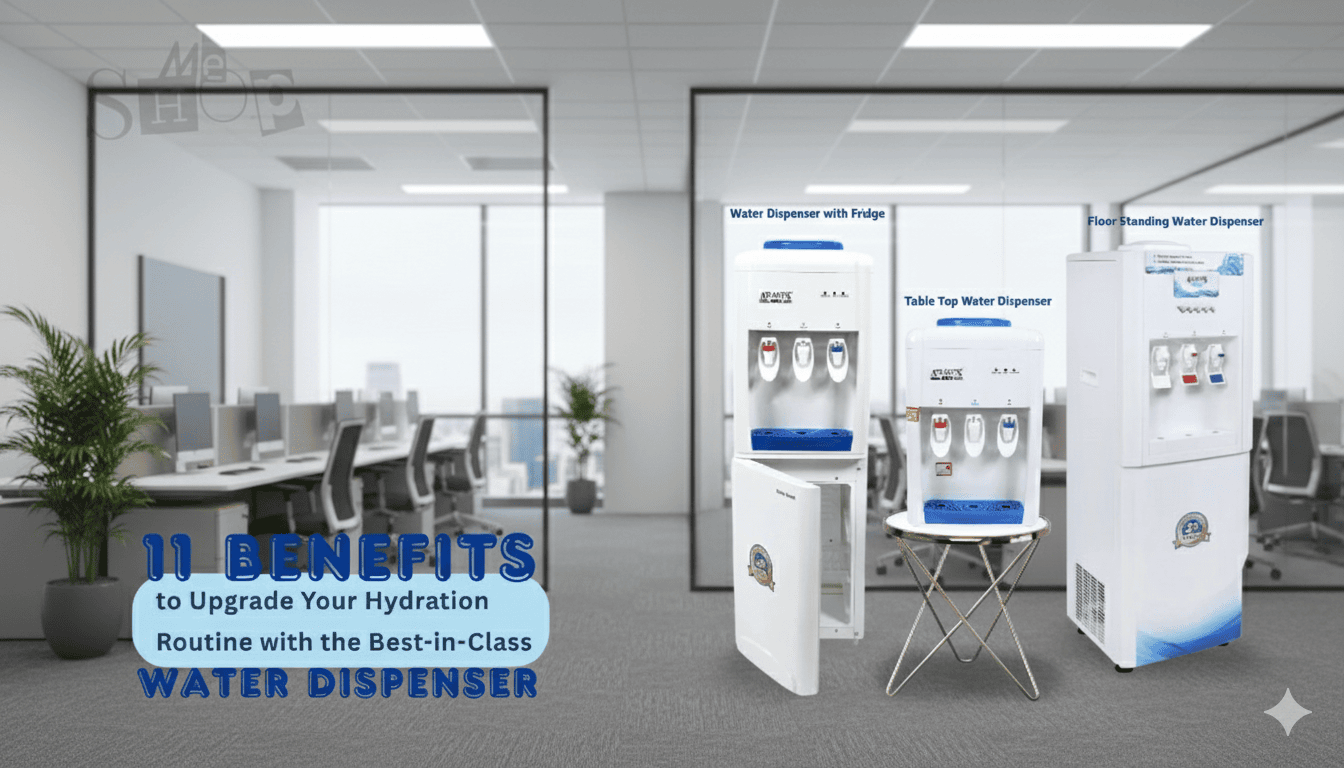 An office worker staying hydrated at their desk with a water dispenser in the background.
