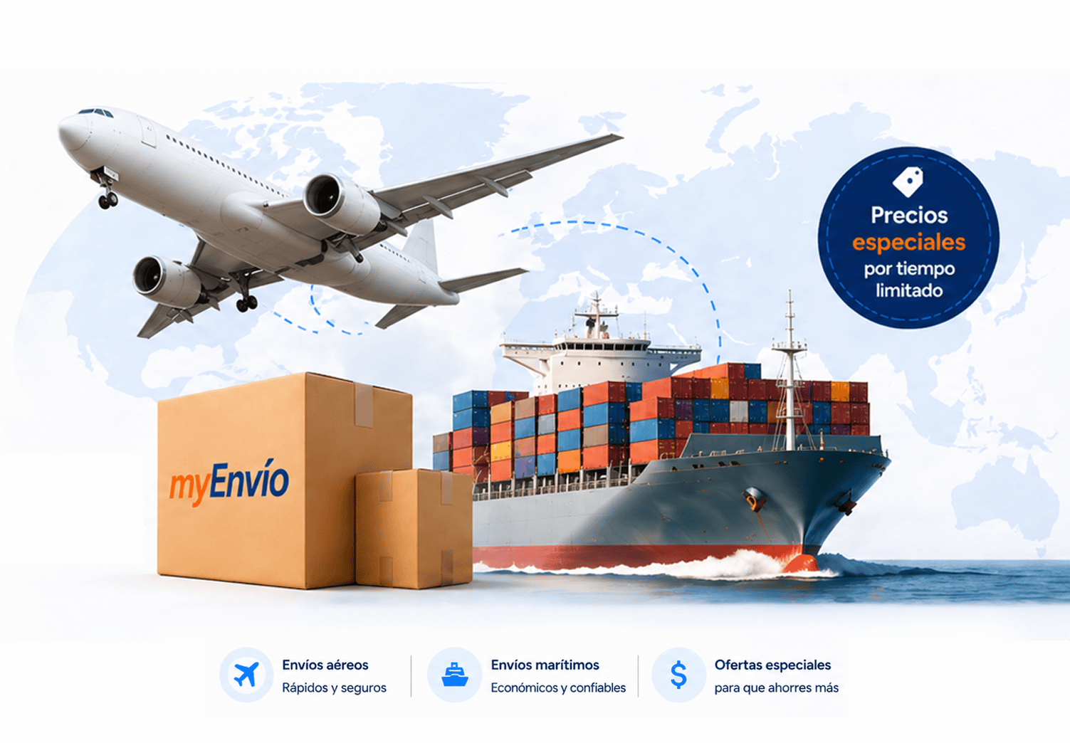 avión y barco, cajas con logo MyEnvio