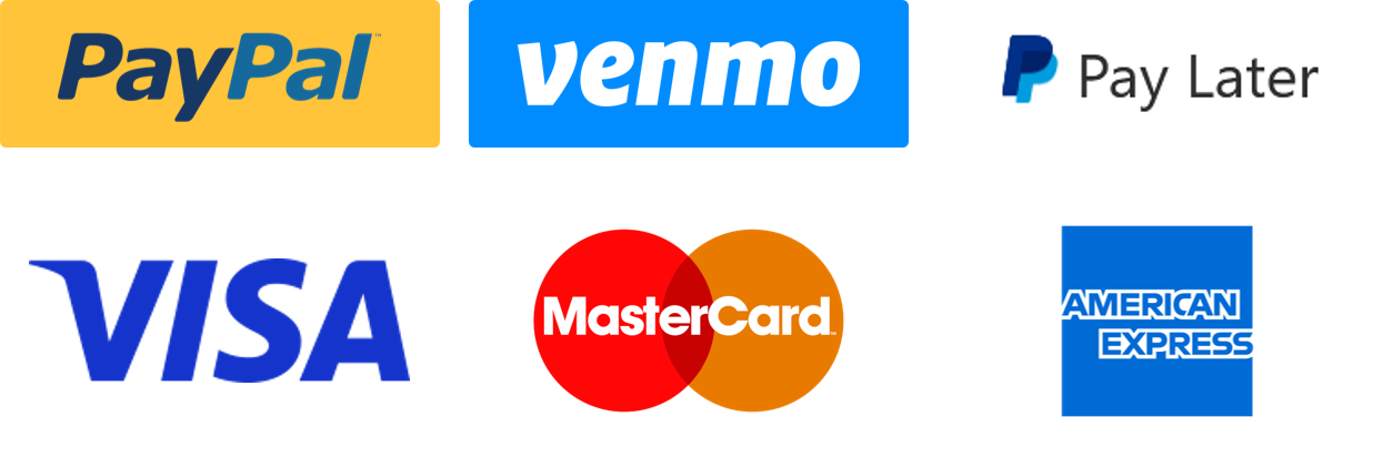Payment methods accepted: PayPal, Venmo Pay Later, Visa, MasterCard, and American Express logos