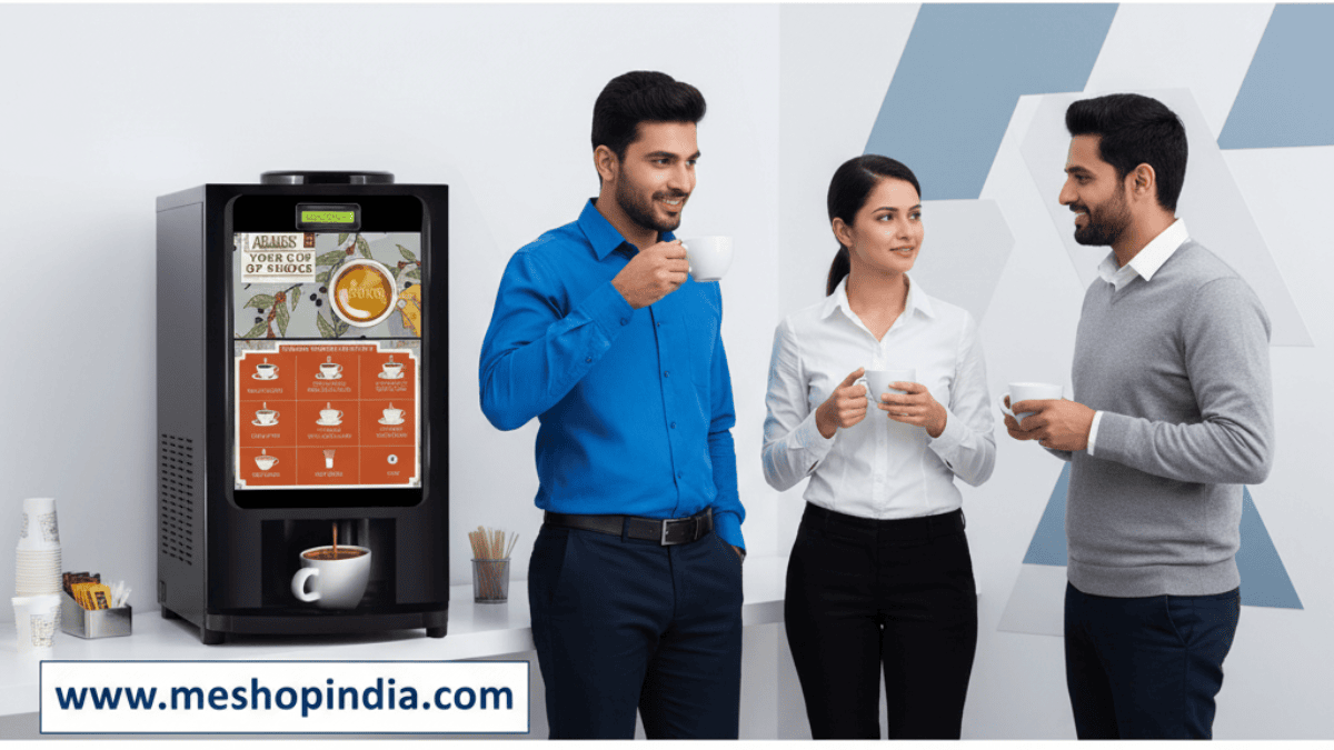 An employee smiling while selecting a coffee from a digital beverage machine. An employee smiling while selecting a coffee from a digital beverage machine.