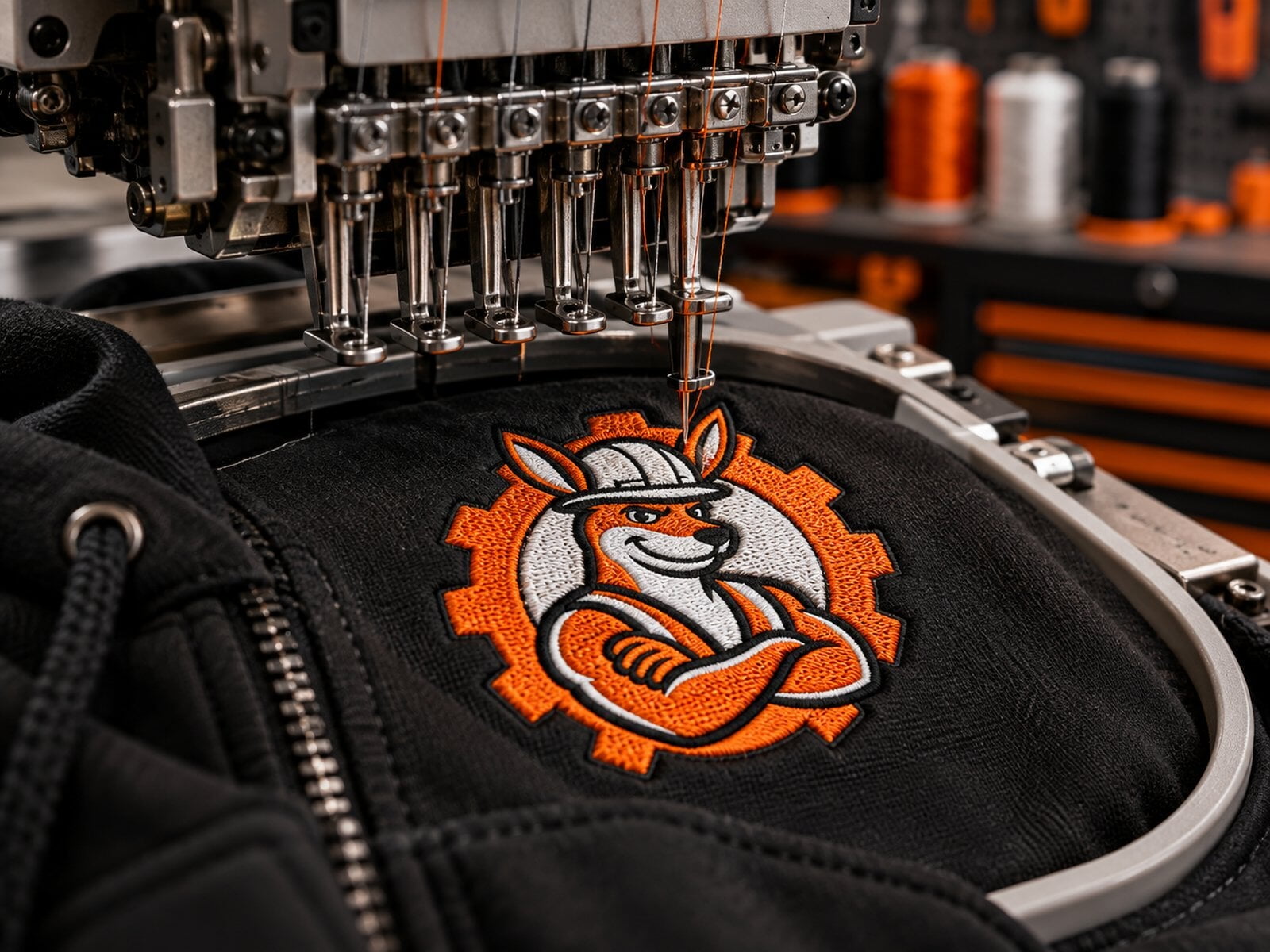 Machine à broder réalisant le logo JOEY Chantier en orange et blanc sur un vêtement noir