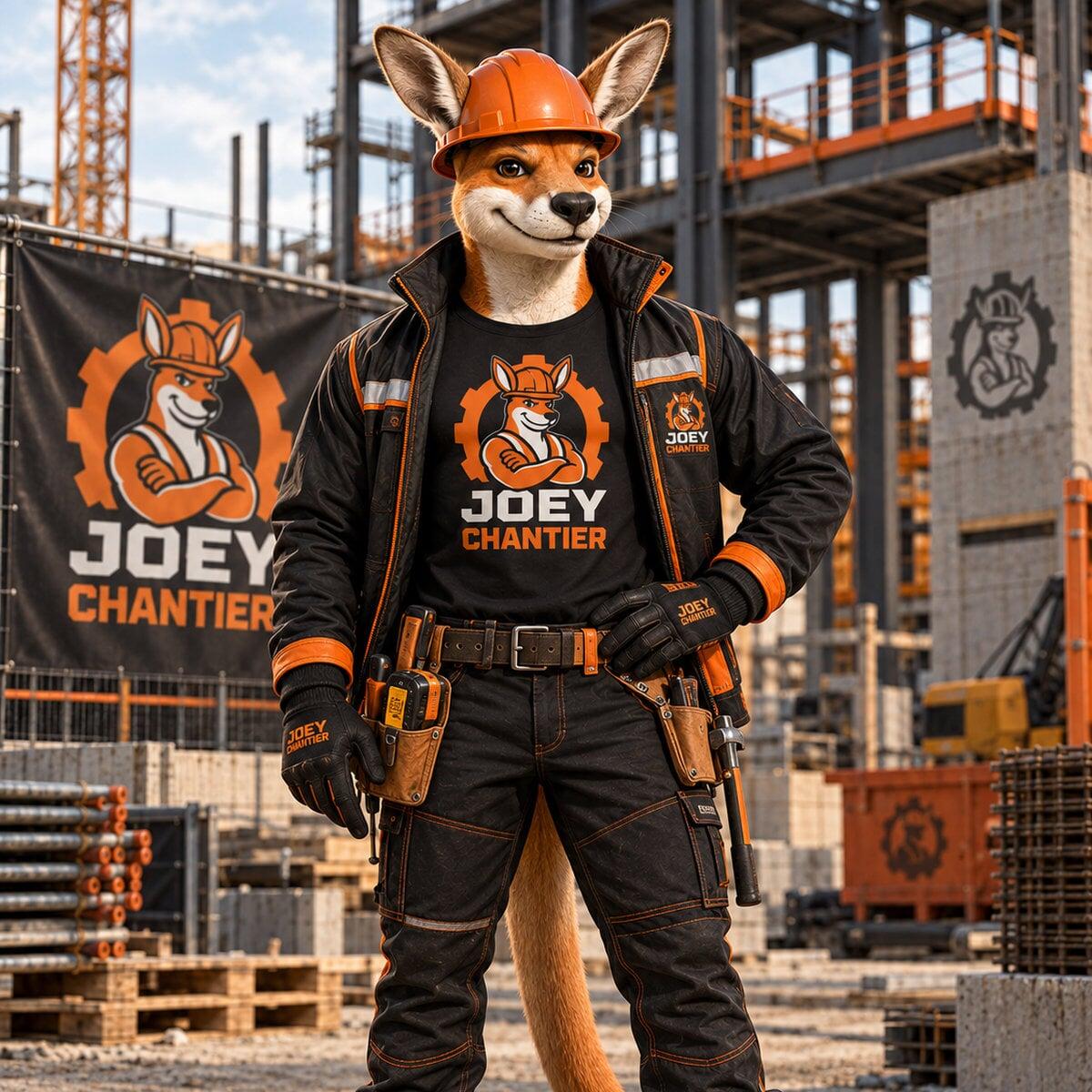Joey Chantier, la mascotte de la marque sur un chantier de construction