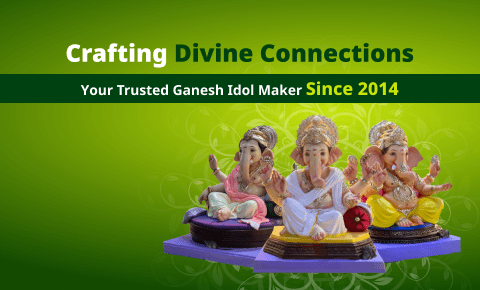 "An elegant display of intricately crafted Ganesh idols, beautifully arranged to highlight their divine presence. The tagline 'Crafting Divine Connections & Your Trusted Ganesh Idol Provider Since 2014' reinforces trust and devotion, reflecting the brand's commitment to quality and tradition."