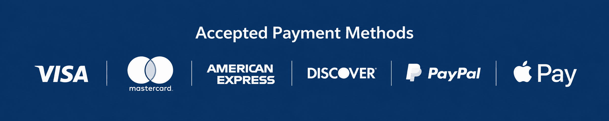 Accepted Payment Methods Card Logos. American Express, PayPal, Master
Card & Visa Accepted Payment Methods Card Logos. American Express, PayPal, Master
Card & Visa