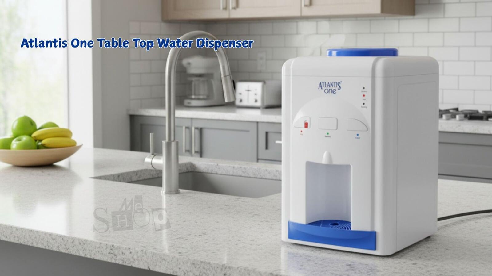 The compact Atlantis One Table Top water dispenser on a modern office pantry counter. The compact Atlantis One Table Top water dispenser on a modern office pantry counter.