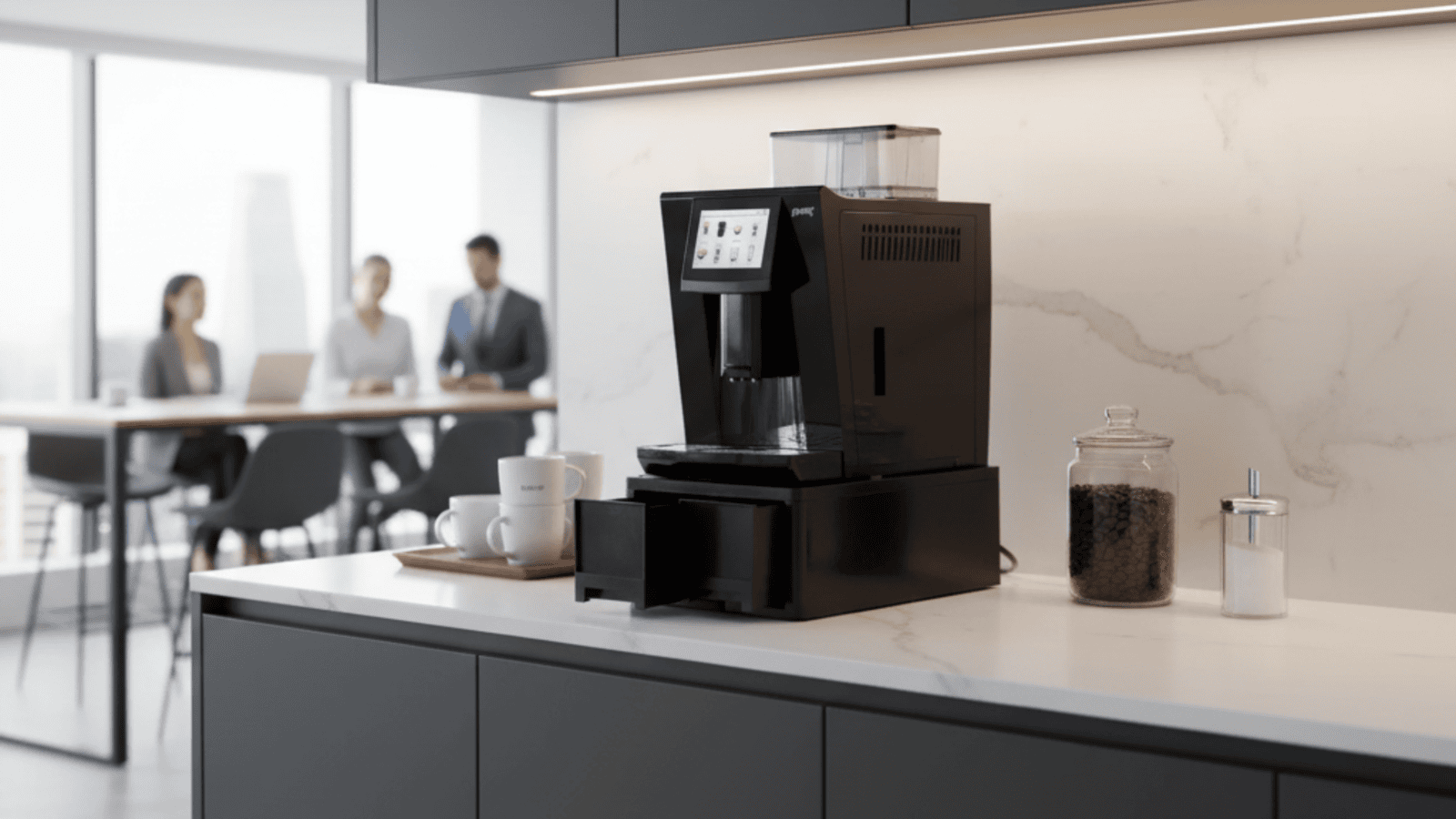 A close-up of the Atlantis Brew’s high-capacity hopper filled with fresh coffee beans. A close-up of the Atlantis Brew’s high-capacity hopper filled with fresh coffee beans.