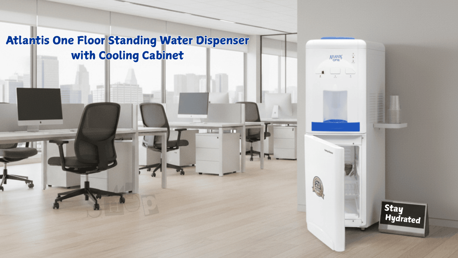 The open cooling cabinet of an Atlantis One dispenser storing cold beverage bottles.