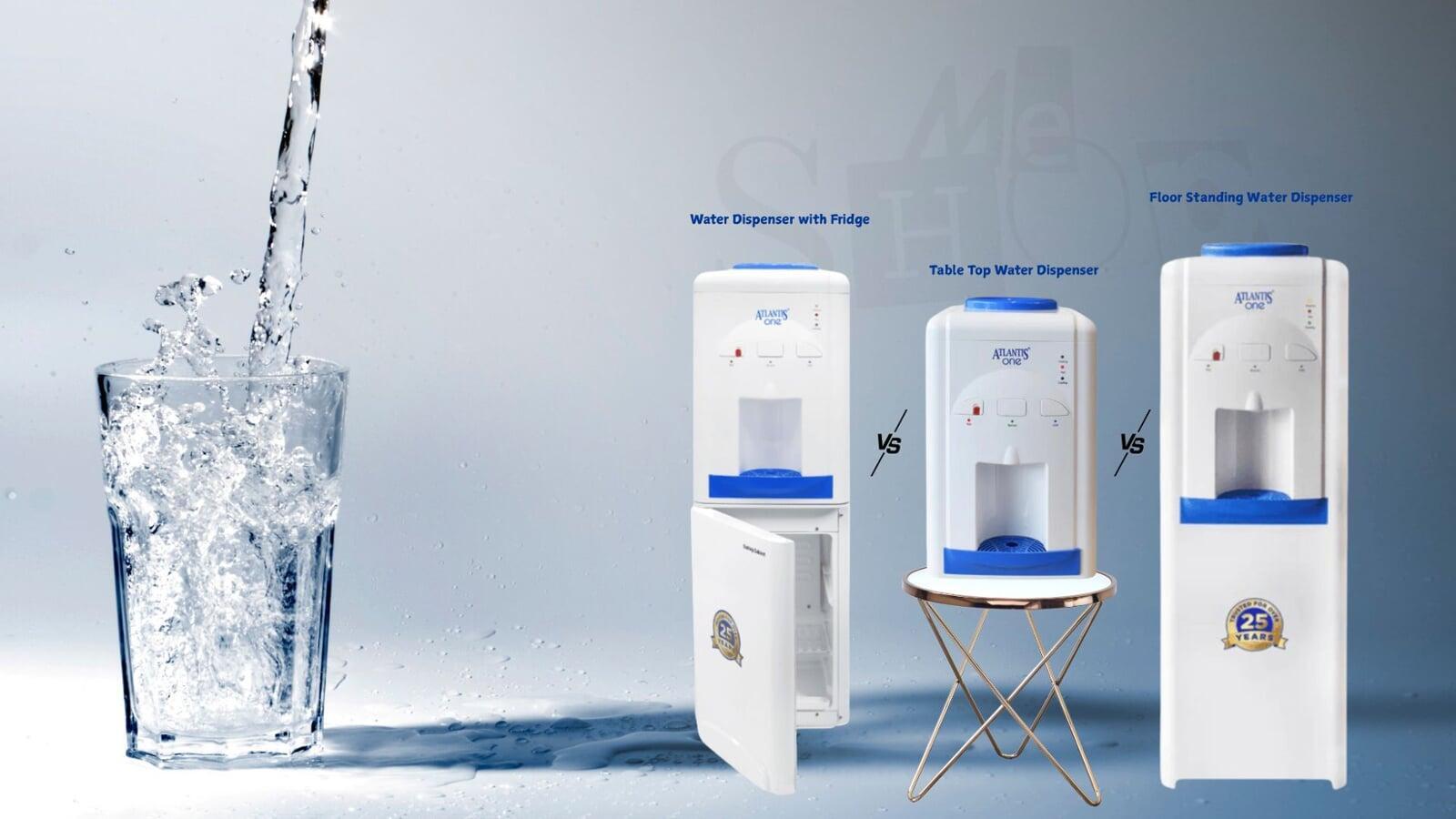 Three Atlantis One water dispenser models shown side-by-side for comparison.