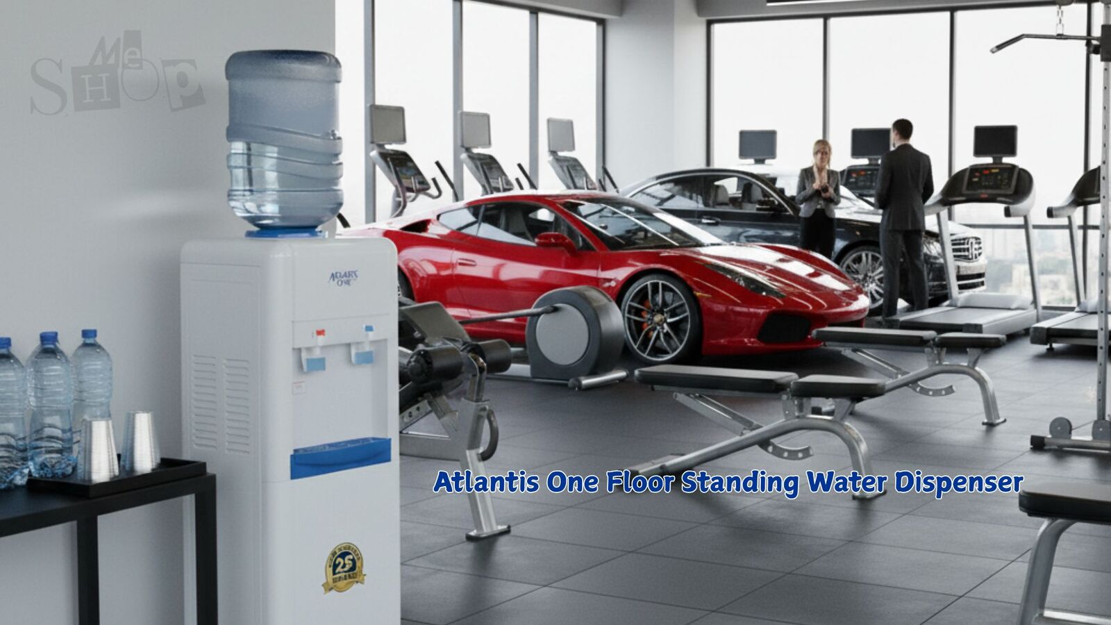 The sleek Atlantis One Floor Standing water dispenser placed in a Car Showroom corner.
