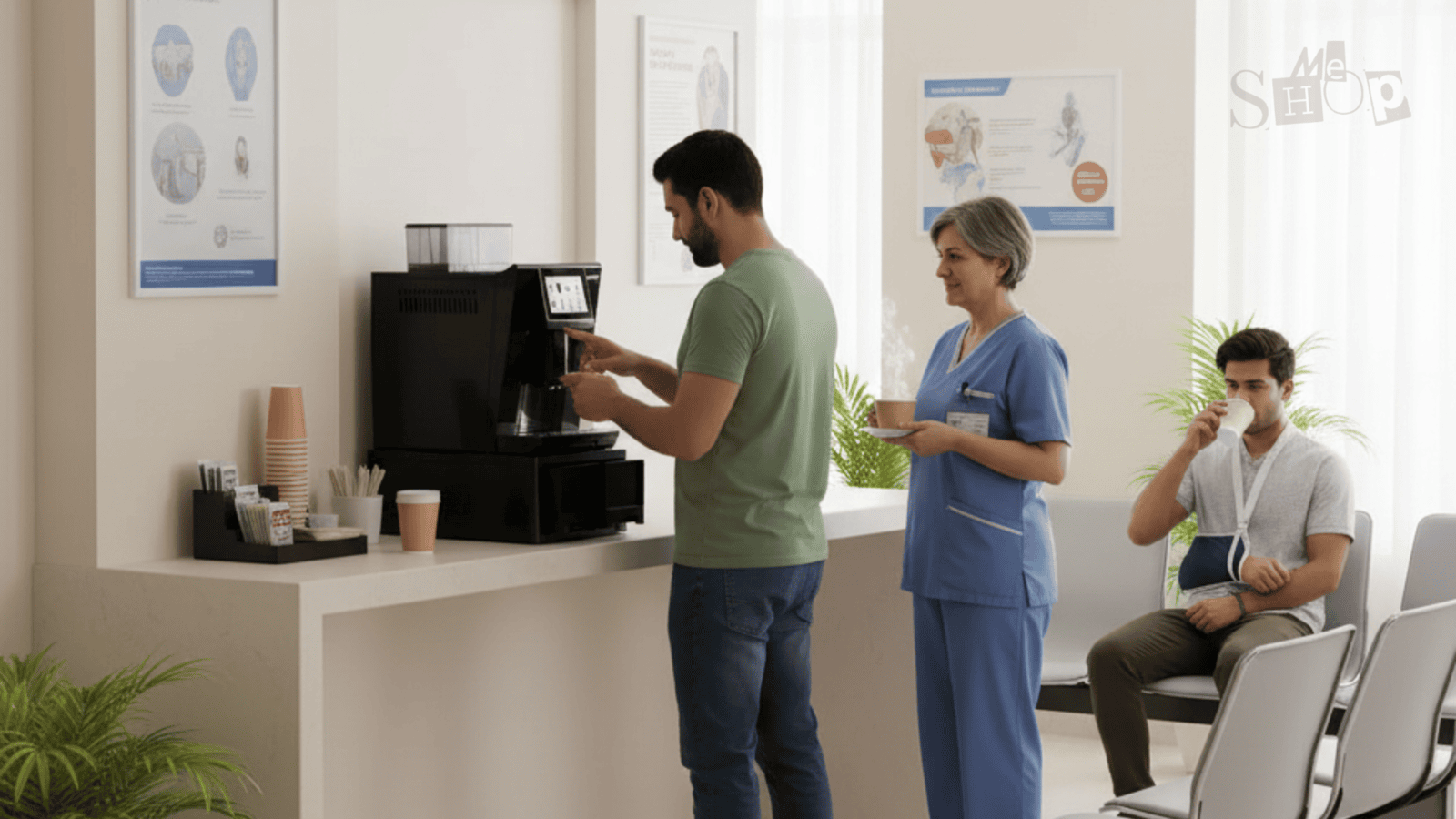 Happy employees getting coffee quickly from the Atlantis Brew machine with no waiting line.