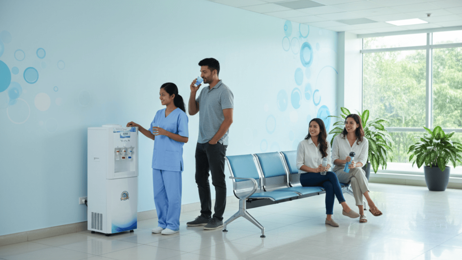 A multi-stage RO water purification system on a wall above the Atlantis dispenser setup.