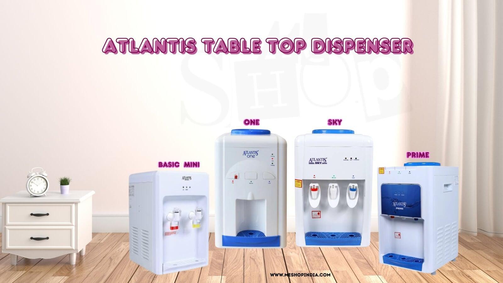 The compact and modern Atlantis table top water dispenser sitting neatly on a kitchen counter.