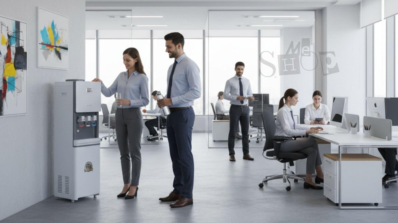 An employee filling a water bottle from a floor-standing Atlantis office water cooler. An employee filling a water bottle from a floor-standing Atlantis office water cooler.