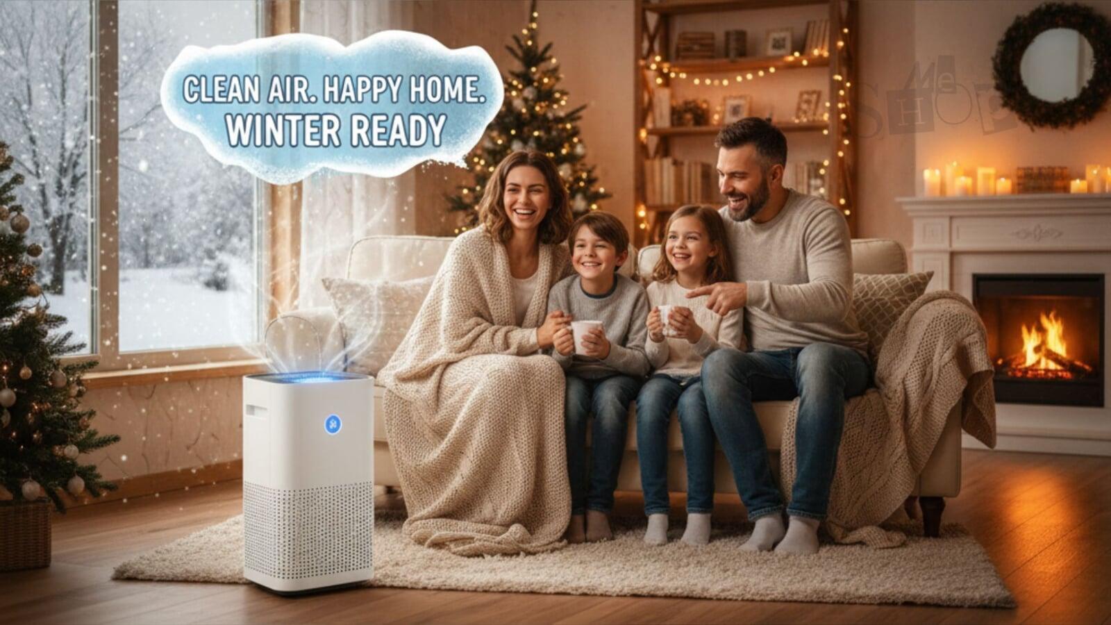 A clean, maintained air purifier running smoothly in a cozy winter living room. A clean, maintained air purifier running smoothly in a cozy winter living room.