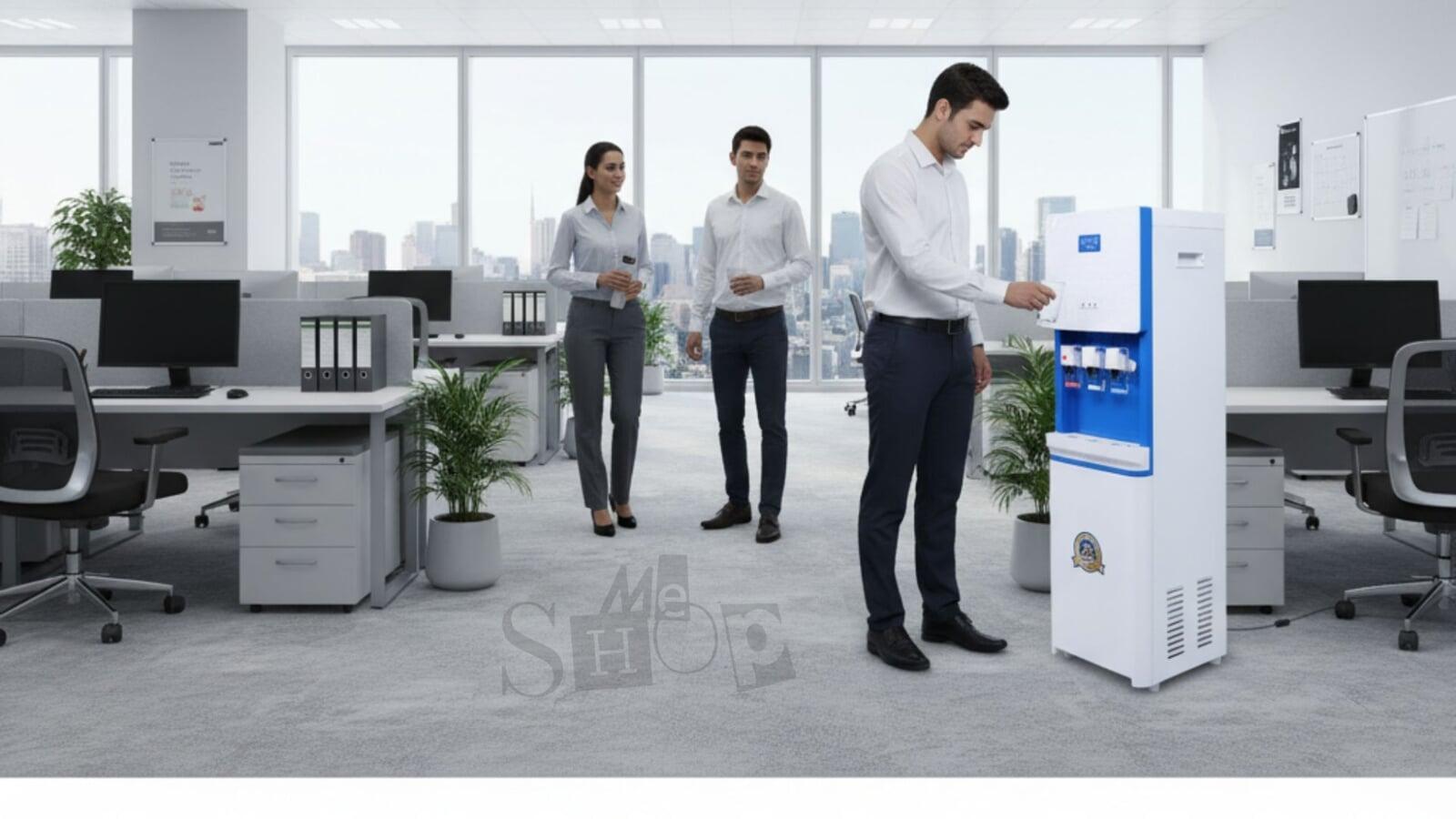The sleek Atlantis Big Plus water dispenser shown in a modern office setting. The sleek Atlantis Big Plus water dispenser shown in a modern office setting.