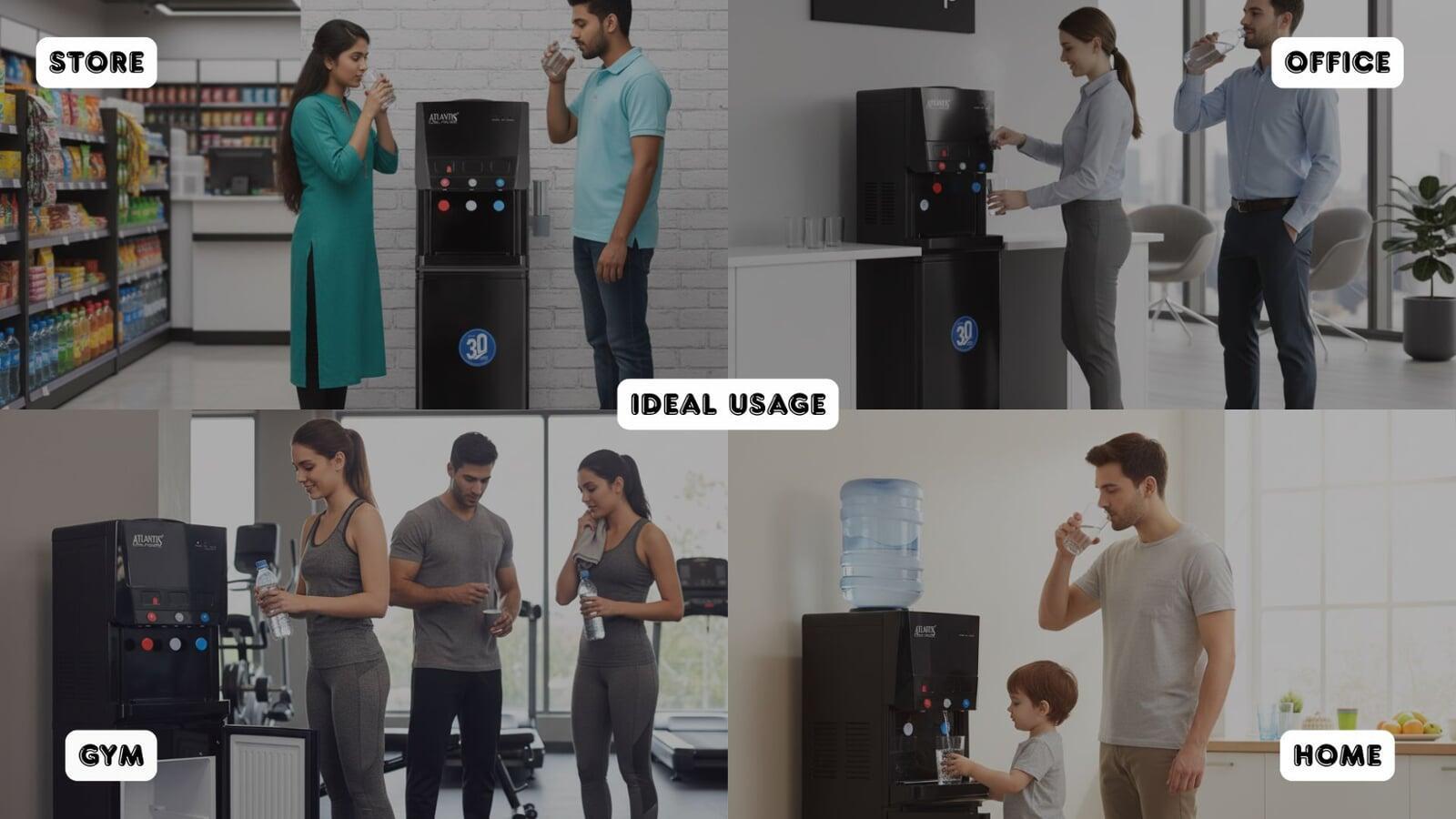 The sleek, black Atlantis Blaque Floor Standing water dispenser in a modern office corner.