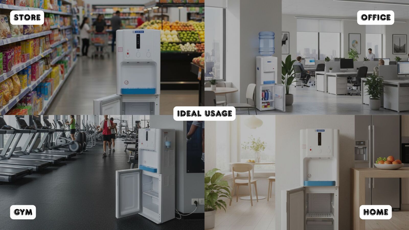 An infographic highlighting the Ideal Application of the cooling cabinet water dispenser.