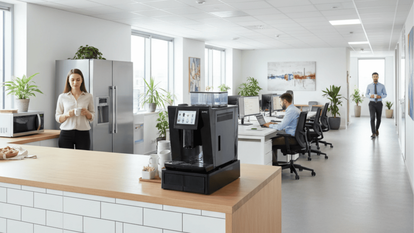The Atlantis Brew coffee machine serving fresh coffee in a busy office pantry.