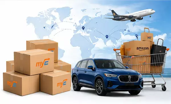 carro, avión, cajas con logo MyEnvio