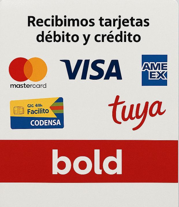 Anuncio de medios de pago aceptados: Mastercard, Visa, American Express, Codensa, Tuya y Bold, en tienda de Pereira, Colombia. Anuncio de medios de pago aceptados: Mastercard, Visa, American Express, Codensa, Tuya y Bold, en tienda de Pereira, Colombia.