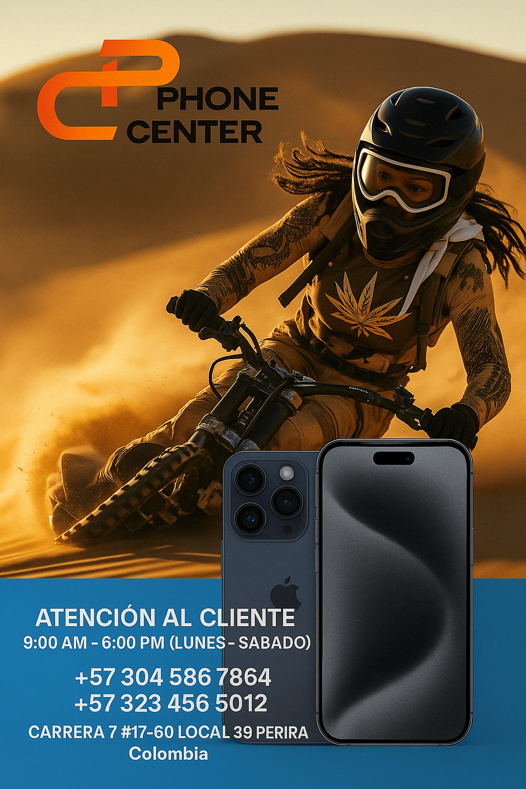 Publicidad de Phone Center Pereira con motociclista en el desierto, teléfonos iPhone, atención al cliente de lunes a sábado de 9:00 AM a 6:00 PM. Teléfonos +57 304 586 7864 y +57 323 456 5012. Dirección: Carrera 7 #17-60 Local 39, Pereira, Colombia. Publicidad de Phone Center Pereira con motociclista en el desierto, teléfonos iPhone, atención al cliente de lunes a sábado de 9:00 AM a 6:00 PM. Teléfonos +57 304 586 7864 y +57 323 456 5012. Dirección: Carrera 7 #17-60 Local 39, Pereira, Colombia.