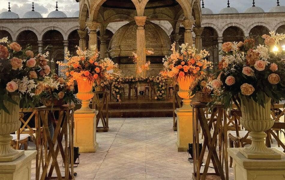 Rustic themed bridal aisle at Mohamed Ali Mosque Court - Jan 2023