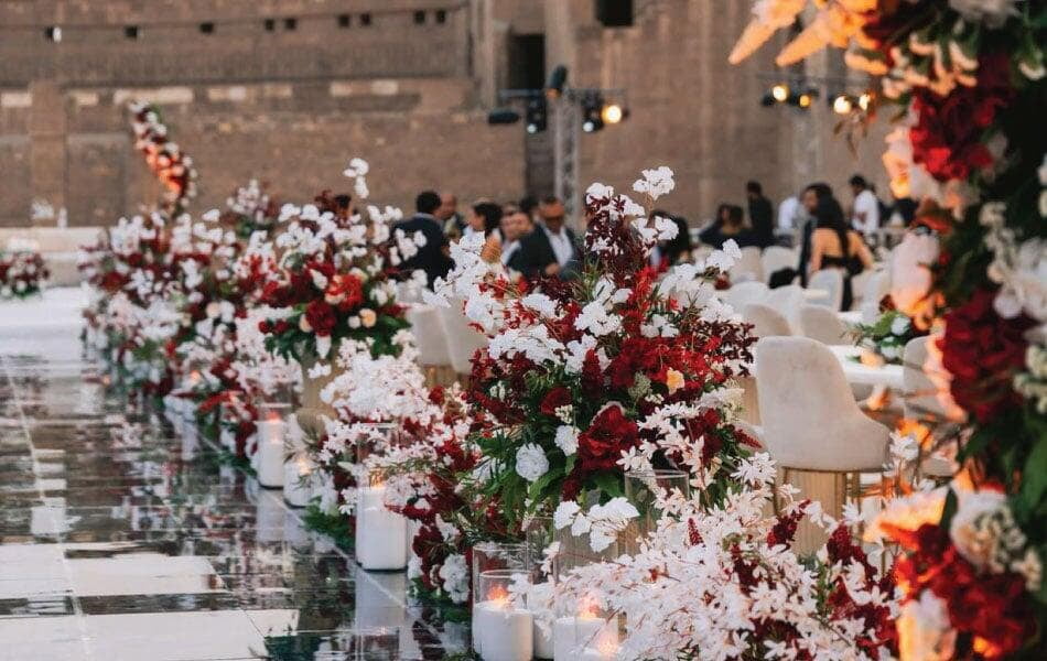 bridal mirror and floral aisle at LOriental fully managed wedding at Bir Youssef