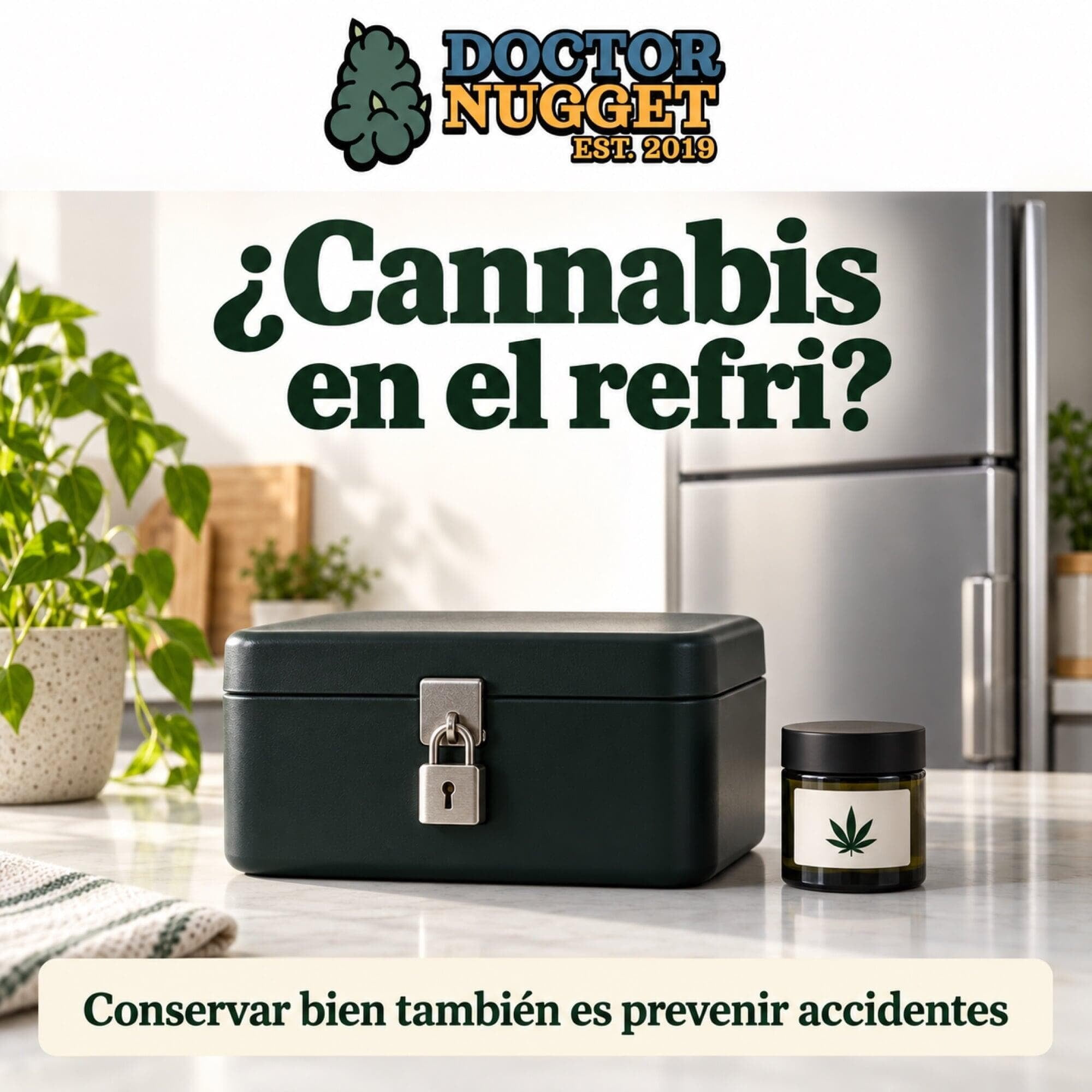 Caja con candado junto a un envase de cannabis y un refrigerador, como ilustración del almacenamiento seguro.