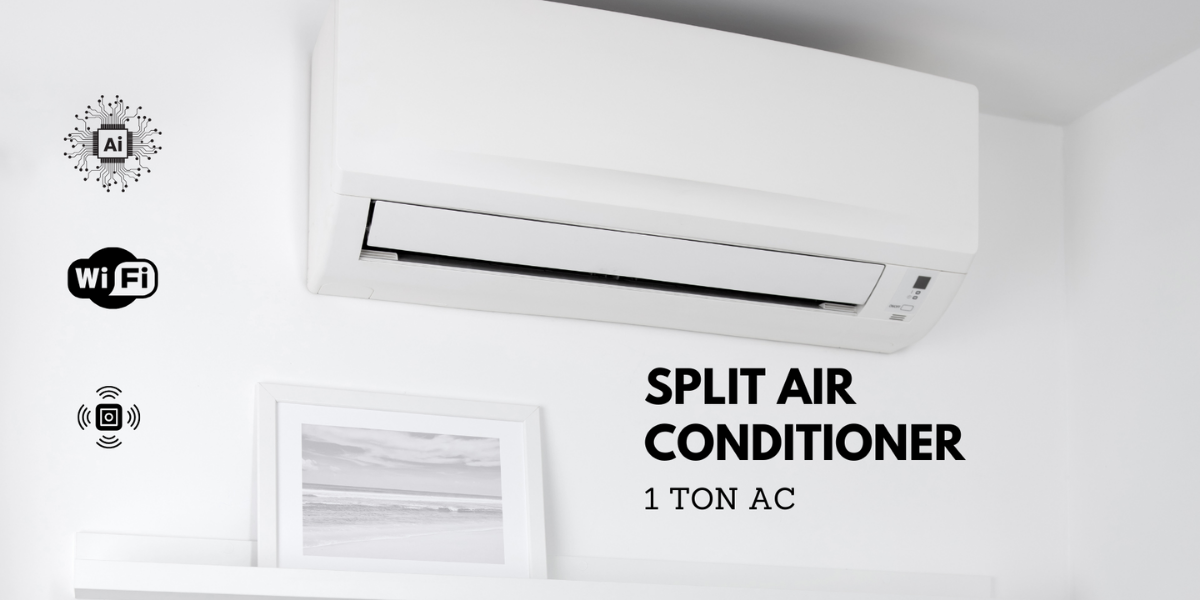 A sleek white indoor unit of a 1 ton split AC mounted on a modern living room wall.