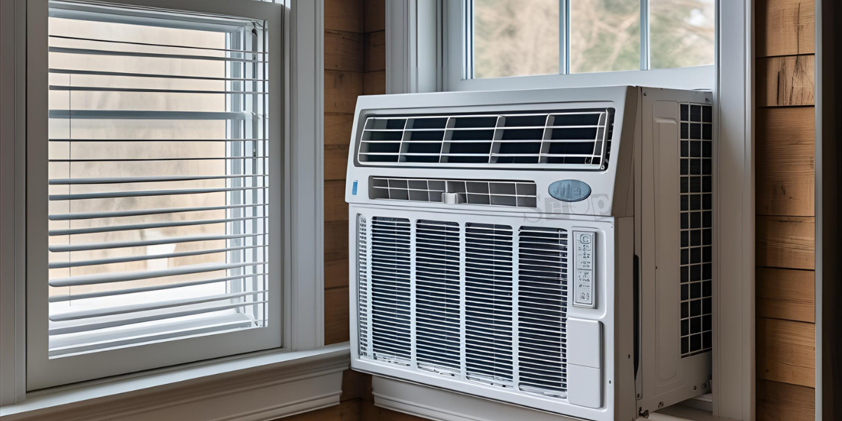 A sleek, white 1.5-ton window air conditioner unit installed in a modern living room wall.