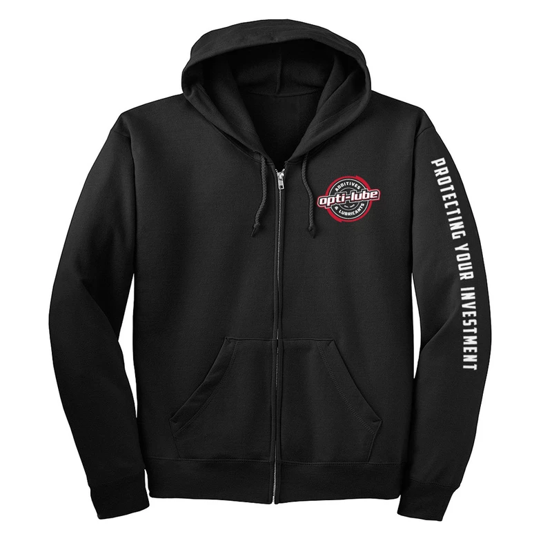 Black Opti-Lube zip-front hoodie with chest logo and white sleeve lettering Black Opti-Lube zip-front hoodie with chest logo and white sleeve lettering