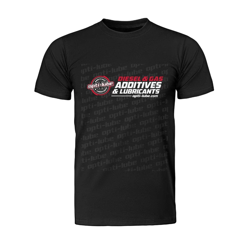 Black Opti-Lube T-shirt with red-and-white chest graphic Black Opti-Lube T-shirt with red-and-white chest graphic