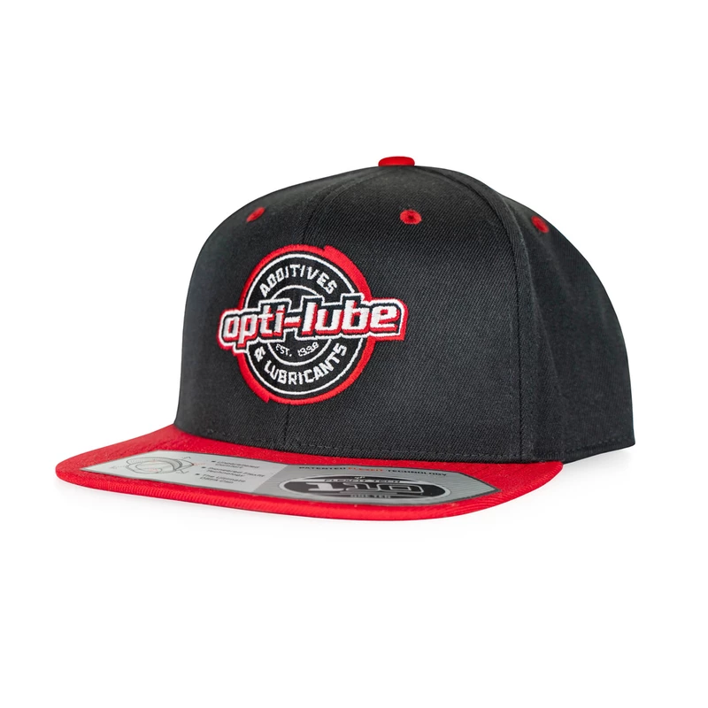 Black Opti-Lube flatbill hat with red brim and round embroidered logo