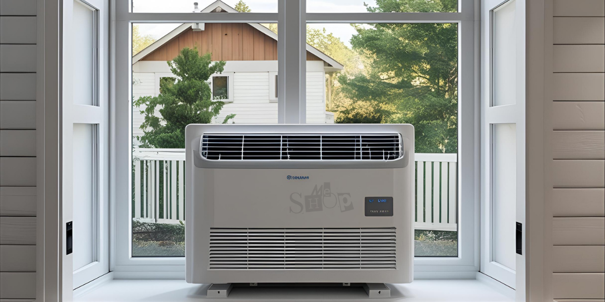 A white 0.8-ton window air conditioner unit from Me Shop installed in a modern, sunlit bedroom.