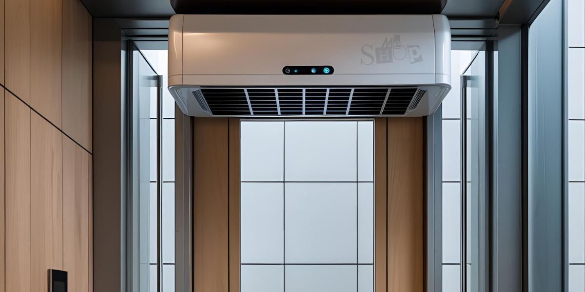 Commercial air curtain installed above a modern shop entrance.