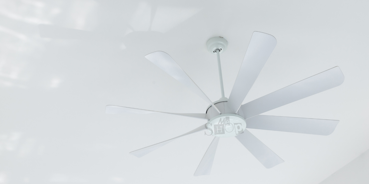 A modern white ceiling fan with light from Me Shop.