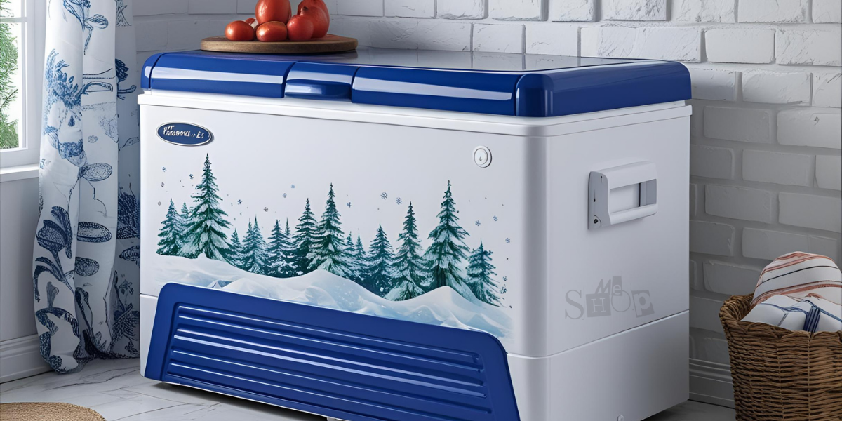 White chest deep freezer with open lid from Me Shop. White chest deep freezer with open lid from Me Shop.