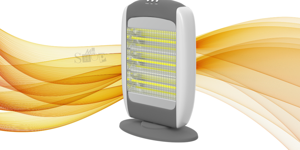 A portable halogen room heater with glowing orange quartz tubes providing instant heat. A portable halogen room heater with glowing orange quartz tubes providing instant heat.