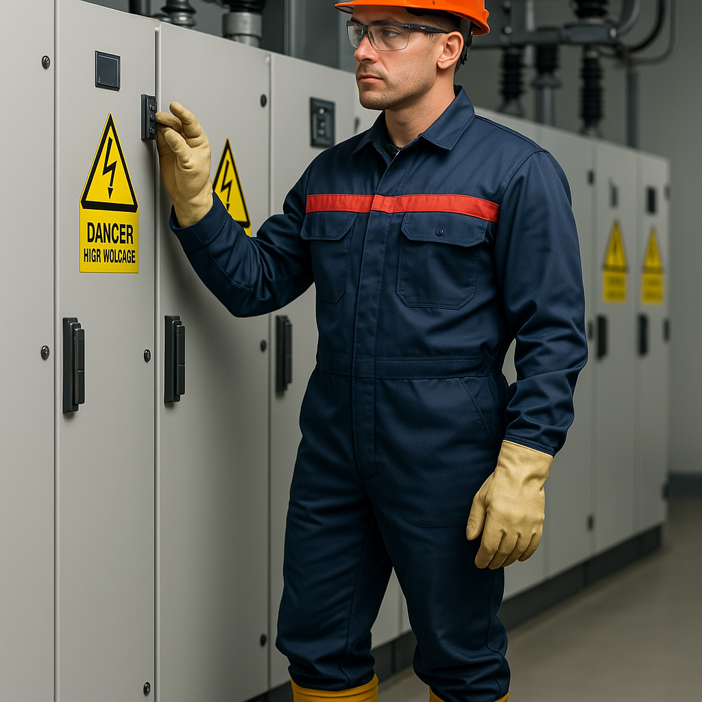 Trabajador con EPP inspeccionando equipo eléctrico en subestación industrial segura. Trabajador con EPP inspeccionando equipo eléctrico en subestación industrial segura.