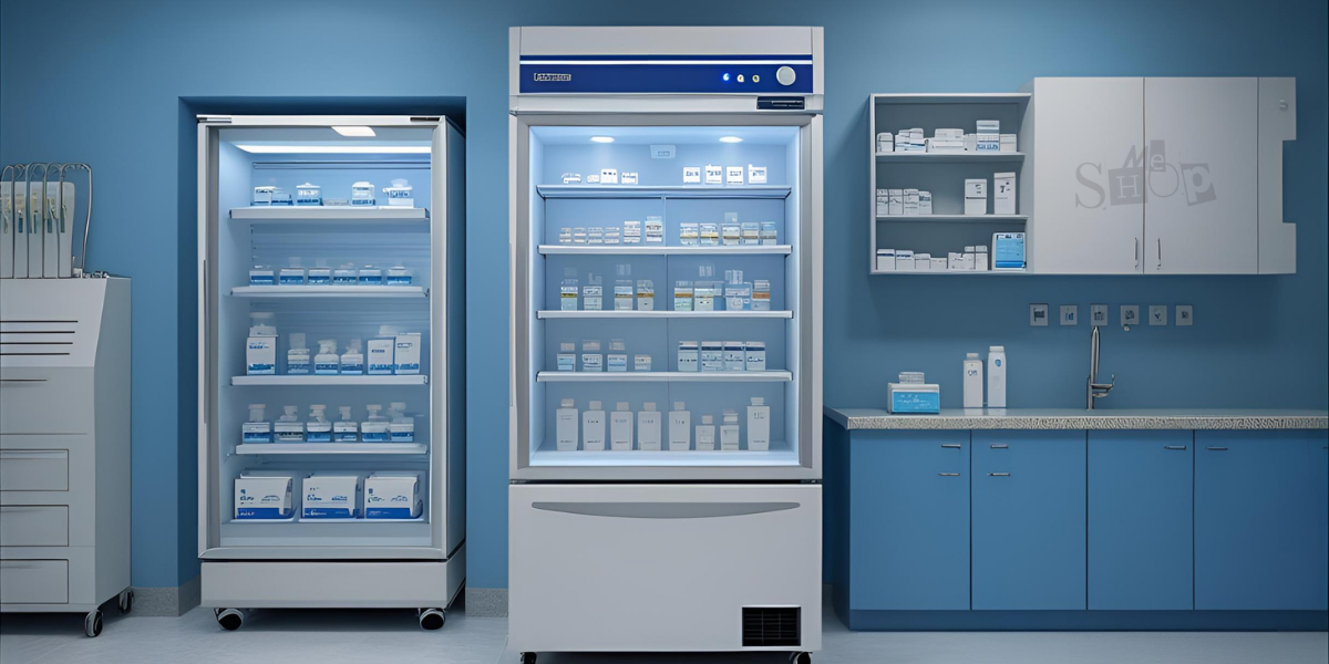 Glass-door medical laboratory refrigerator for secure vaccine and sample storage.