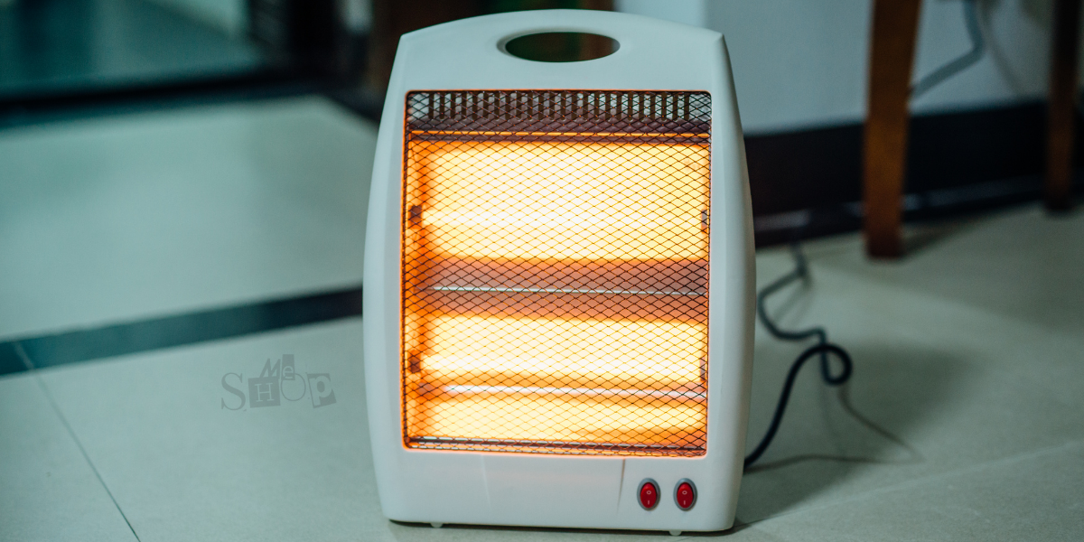 A sleek and portable electric quartz room heater with glowing orange heating elements. A sleek and portable electric quartz room heater with glowing orange heating elements.