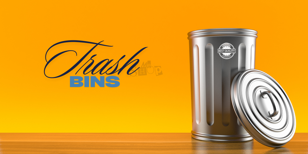 An assortment of modern stainless steel and plastic trash cans for kitchens, offices, and bathrooms.