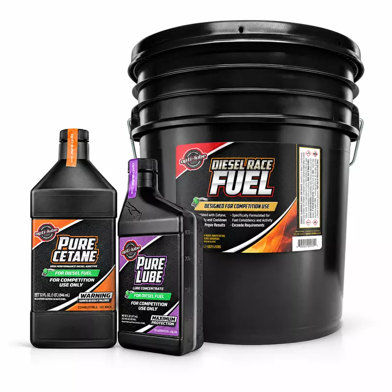 Pure Cetane quart and angled Pure Lube pint in front of a larger Diesel Race Fuel pail Pure Cetane quart and angled Pure Lube pint in front of a larger Diesel Race Fuel pail