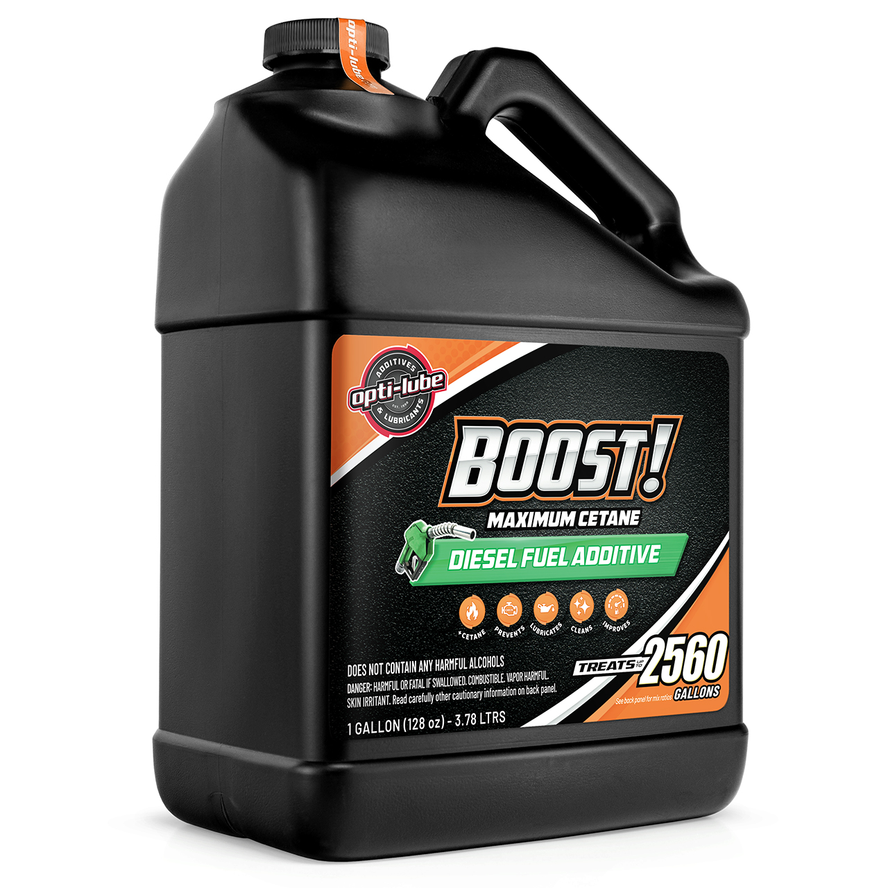 Opti-Lube Boost! diesel additive, 1-gallon black-cap jug with orange cap sticker Opti-Lube Boost! diesel additive, 1-gallon black-cap jug with orange cap sticker